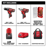 Milwaukee M12 12V Li-Ion Cordless Drill/Driver & Impact Driver Combo Kit with Two 1.5Ah Batteries, Charger, Bag (2-Tool) + 15‑Pc Bit Set