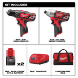Milwaukee M12 12V Lithium-Ion Cordless Drill Driver/Impact Driver Combo Kit with Two 1.5Ah Batteries, Charger and Bag (2-Tool)