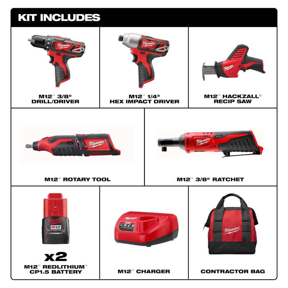 Milwaukee M12 12V Lithium-Ion Cordless 4-Tool Combo Kit with (2) Compact 1.5Ah Batteries, Charger and M12 3/8 in. Ratchet