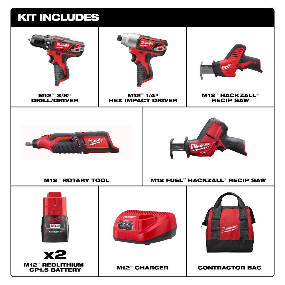 Milwaukee M12 12V Li‑Ion Cordless 4‑Tool Combo Kit with (2) 1.5Ah Batteries, Charger & HACKZALL Reciprocating Saw