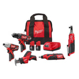 Milwaukee M12 12V Li‑Ion Cordless 4‑Tool Combo Kit with (2) 1.5Ah REDLITHIUM Batteries, Charger & M12 FUEL High‑Speed 3/8 in. Ratchet