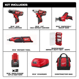 Milwaukee M12 12V Li-Ion Cordless 4-Tool Combo Kit with (2) Compact 1.5Ah Batteries, Charger + Reciprocating Saw Blade Set (32-Pc)