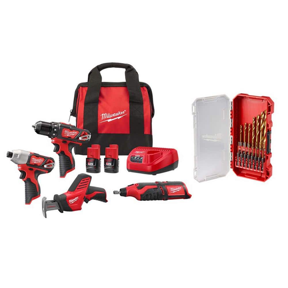 Milwaukee M12 12V Lithium-Ion Cordless 4-Tool Combo Kit with (2) Compact 1.5Ah Batteries, Charger & Titanium Bit Set