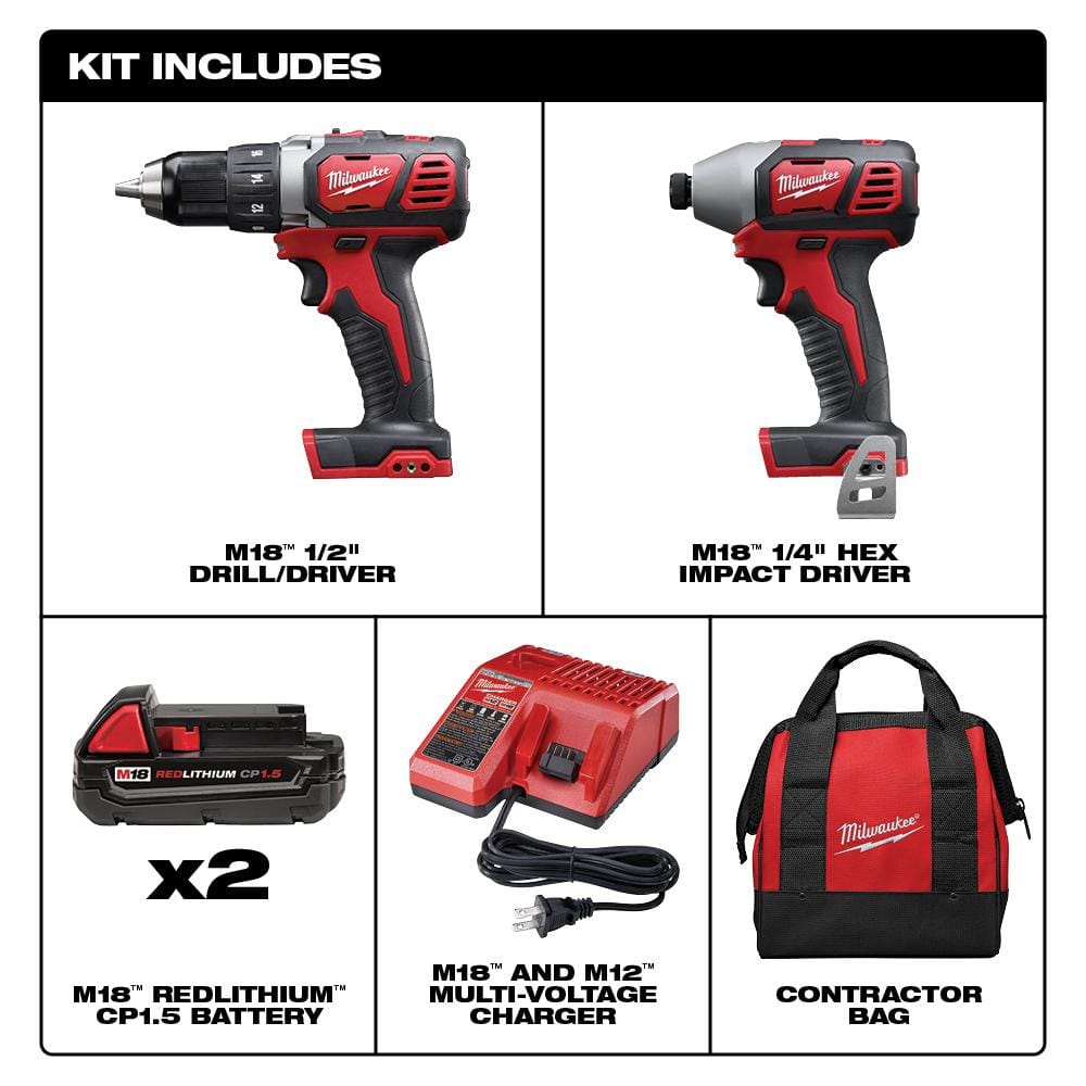 Milwaukee M18 18V Lithium-Ion Cordless Drill/Driver & Impact Driver Combo Kit (2-Tool) with 23-Piece Drill Bit Set