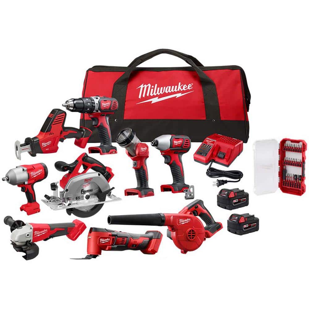 Milwaukee M18 18V Lithium-Ion Cordless Combo Kit, 9-Tool with (2) XC5.0 Batteries, M18/M12 Charger & SHOCKWAVE 25-Pc Driver Bit Set