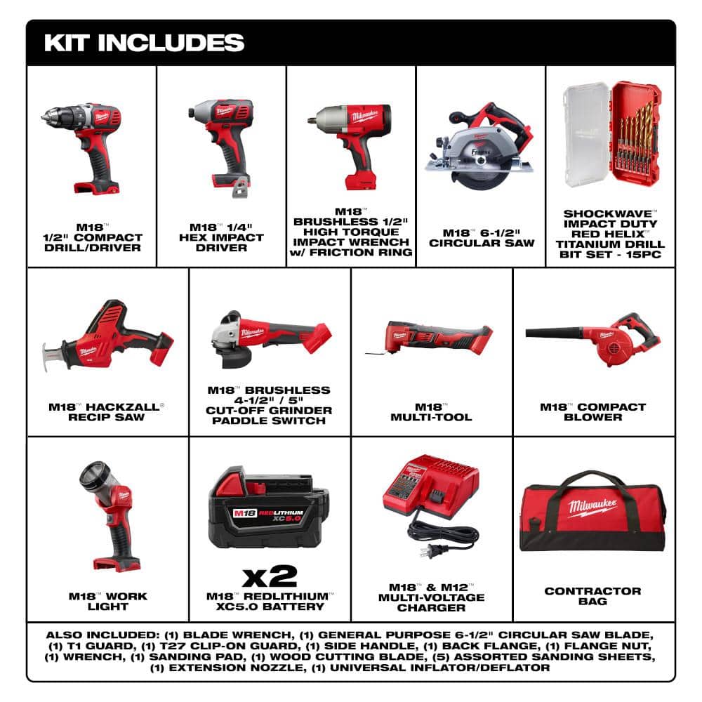 Milwaukee M18 18-Volt Lithium-Ion Cordless Combo Kit (9-Tool) with (2) Batteries, Charger and Tool Bag