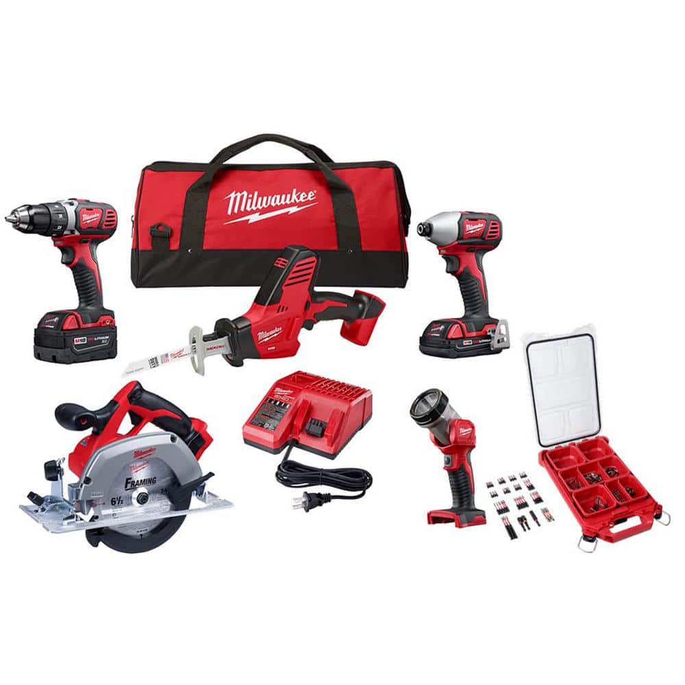 Milwaukee M18 18V Lithium-Ion Cordless 5-Tool Combo Kit with (1) 3.0Ah & (1) 1.5Ah Batteries, Charger and 100-Pc Bit Set
