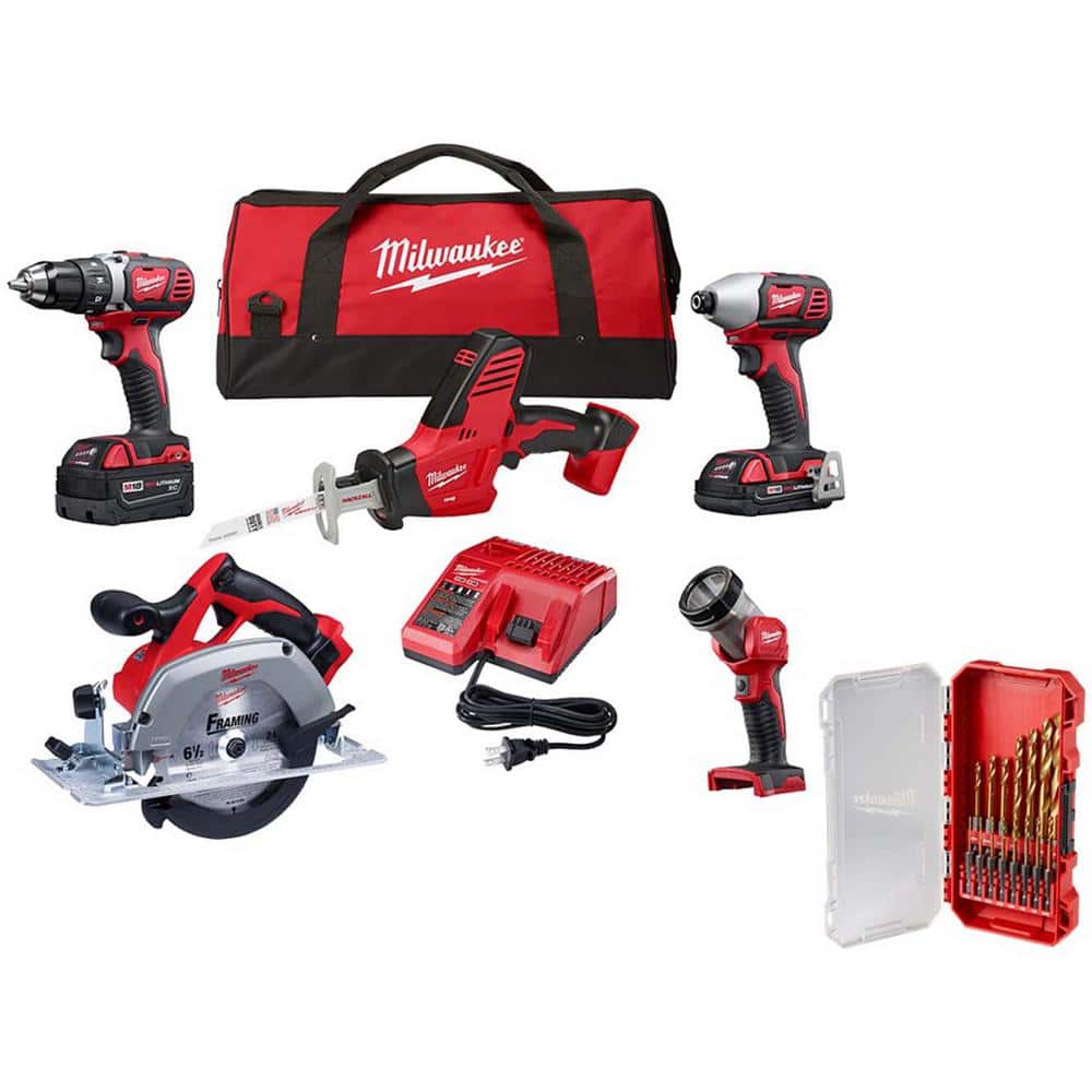 Milwaukee M18 18V Lith-Ion Cordless Combo Kit (5-Tool) w/(1) 3.0Ah & (1) 1.5Ah Battery, (1) Charger & Drill Bit Set (15-Piece)