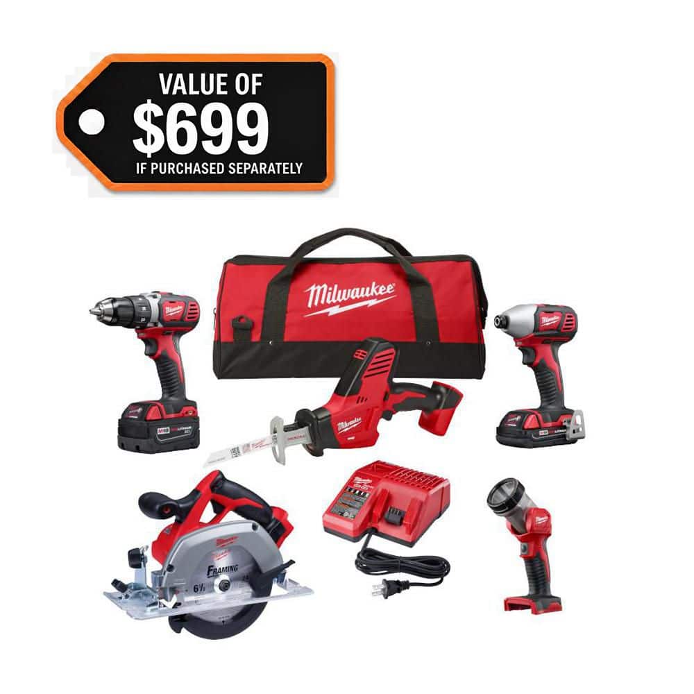 Milwaukee M18 18V Lithium-Ion Cordless Combo Kit (5-Tool) with (1) 3.0Ah & (1) 1.5Ah Battery, (1) Charger and 25-Piece Bit Set