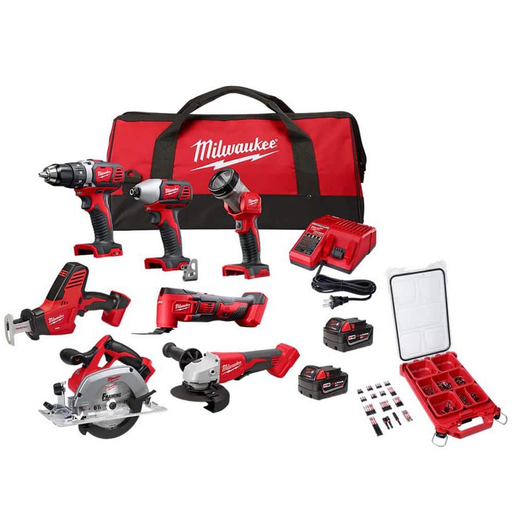 Milwaukee M18 18V Lithium-Ion Cordless 7-Tool Combo Kit with 2 Batteries, Multi-Voltage Charger & SHOCKWAVE 100-Pc Driver Bit Set