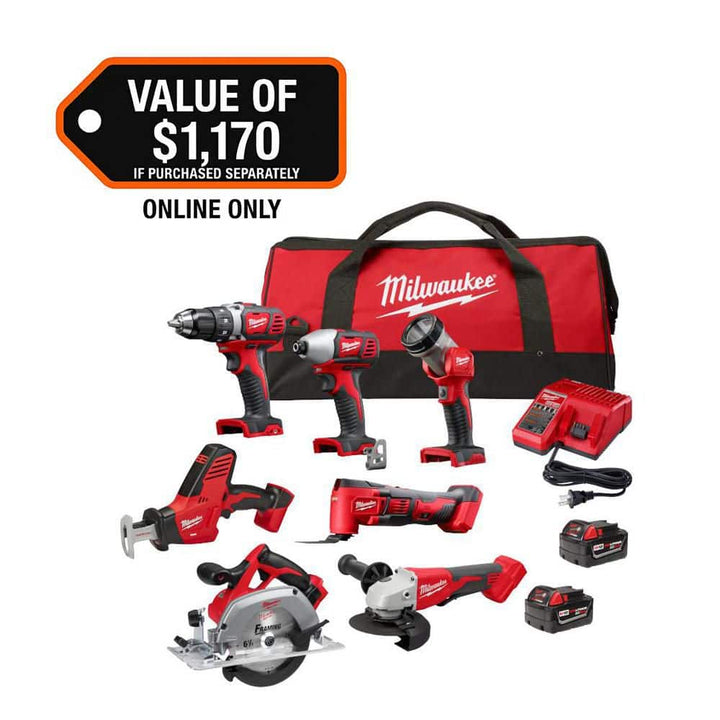 Milwaukee M18 18-Volt Lithium-Ion Cordless 7-Tool Combo Kit with 2 Batteries, Charger, Tool Bag + 15-Piece Drill Bit Set (2695-27SH-48-89-4670)