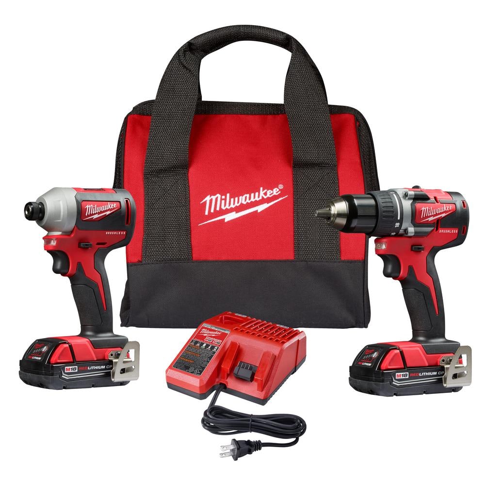 Milwaukee M18 18V Brushless Cordless Compact Drill/Impact Combo Kit, 2-Tool with (2) 2.0Ah Batteries, Charger & Bag (2892-22CT)