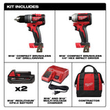 Milwaukee M18 18V Brushless Cordless Compact Drill/Impact Combo Kit, 2-Tool with (2) 2.0Ah Batteries, Charger & Bag (2892-22CT)