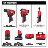 Milwaukee M12 12-Volt Lithium-Ion Cordless 3-Tool Combo Kit with 3/8 in. Ratchet, Drill/Driver, Impact Driver & HACKZALL, Batteries & Charger