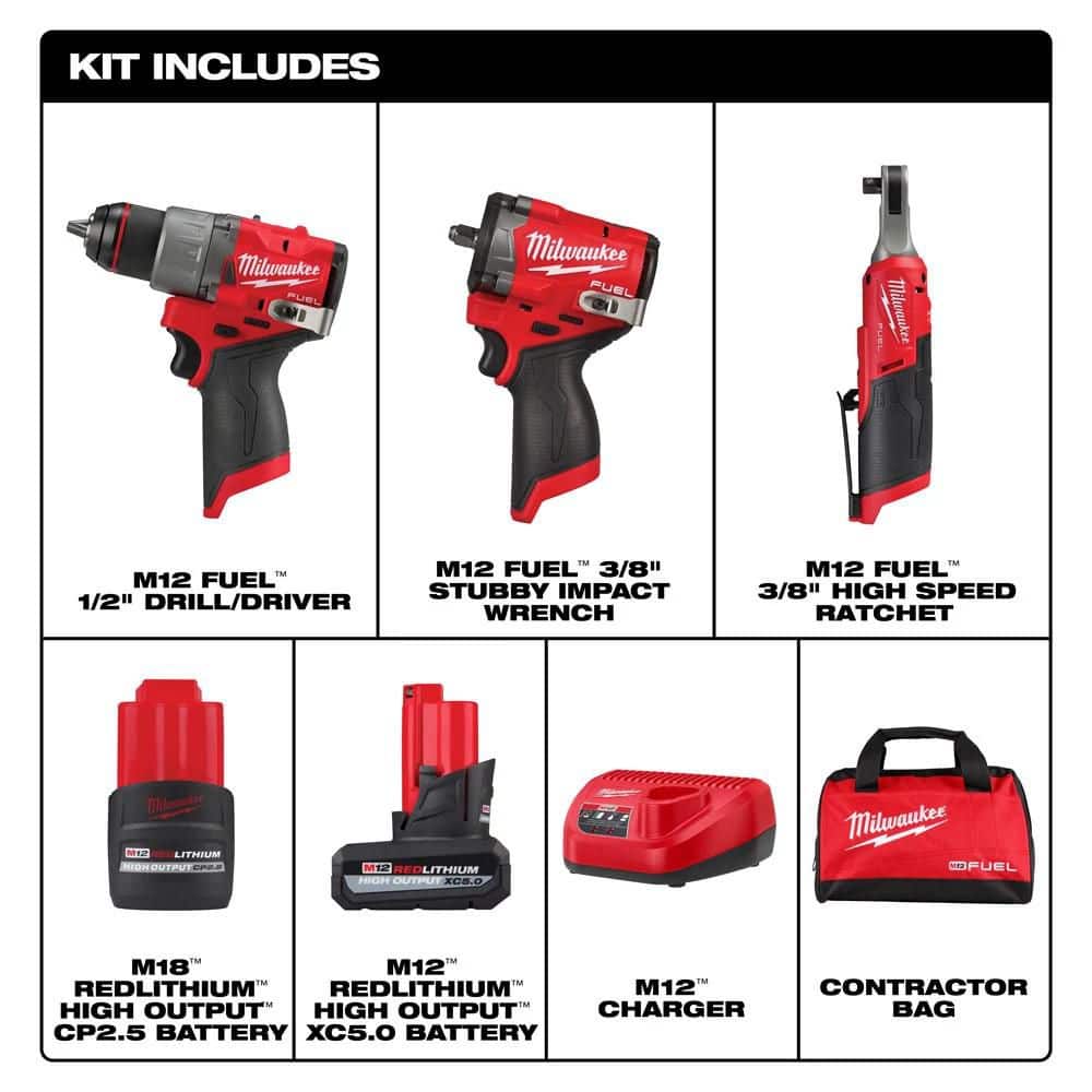 Milwaukee M12 FUEL 12V Cordless Drill/Driver, 3/8 in. Impact Wrench & 3/8 in. High-Speed Ratchet Combo Kit with Batteries, Charger & Bag