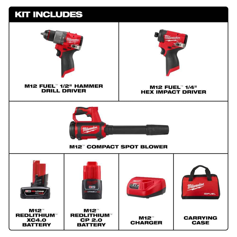 Milwaukee M12 FUEL 12-Volt Li-Ion Brushless Cordless Hammer Drill & Impact Driver Combo Kit with 2 Batteries, Charger, Bag & 60-Pc Bit Set