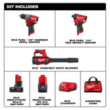Milwaukee M12 FUEL 12-Volt Lithium-Ion Brushless Cordless Hammer Drill & Impact Driver Combo Kit with Compact Spot Blower, 3497-22-0852-20