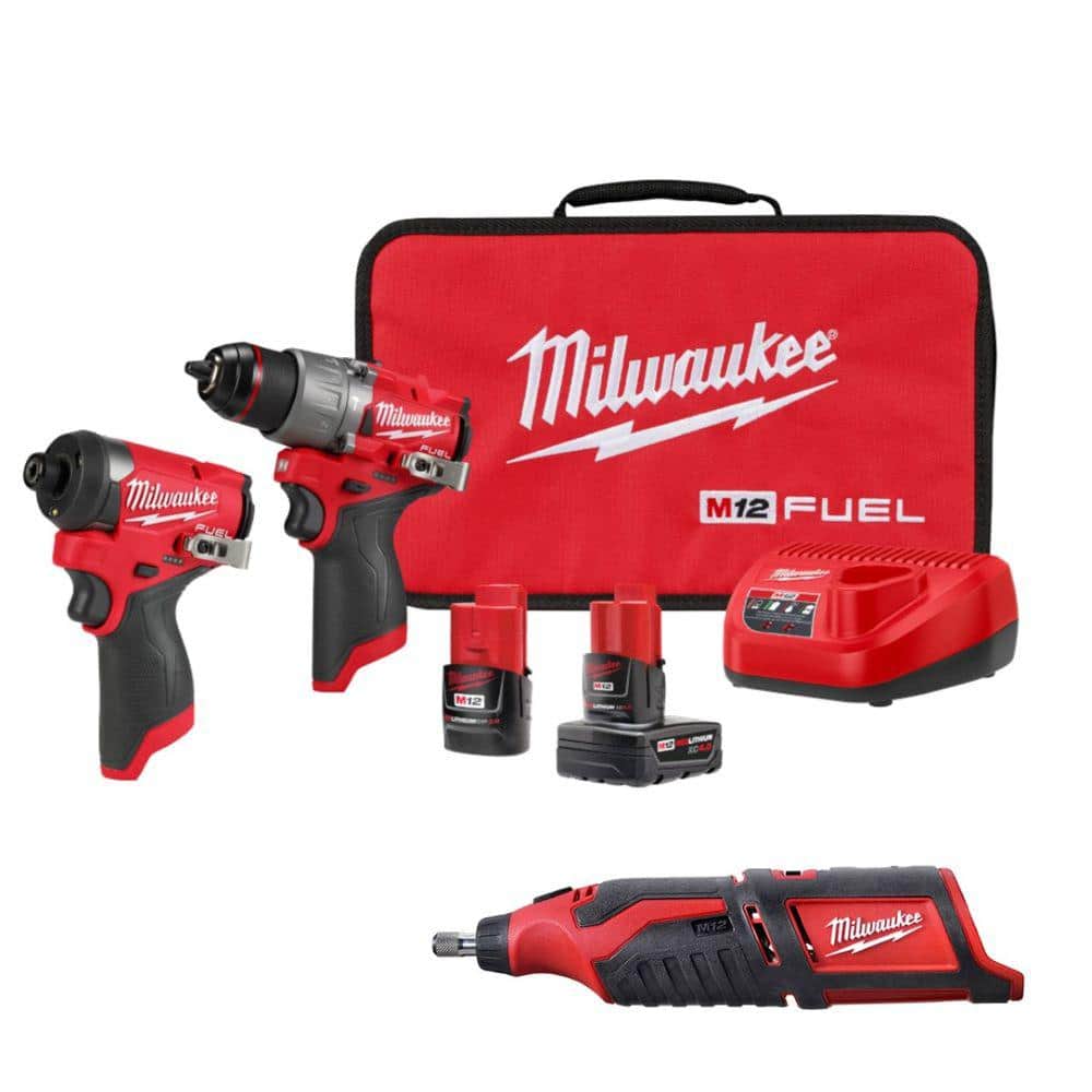 Milwaukee M12 FUEL 12-Volt Lithium-Ion Brushless Cordless Hammer Drill and Impact Driver Combo Kit (2-Tool) with Rotary Tool