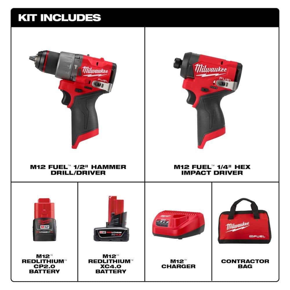 Milwaukee M12 FUEL 12-Volt Brushless Hammer Drill, Impact Driver & M12 Fan Combo Kit with 2 Batteries, Charger & Bag