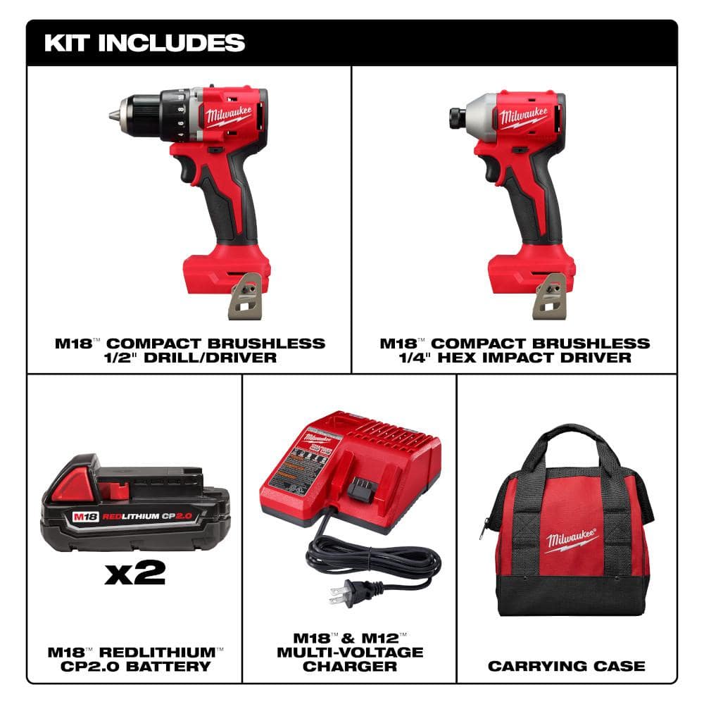 Milwaukee M18 18V Lithium-Ion Brushless Cordless Compact Drill/Impact Combo Kit (2-Tool) with SAWZALL Reciprocating Saw