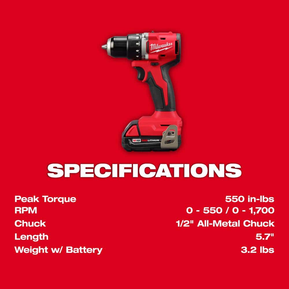 Milwaukee M18 18-Volt Lithium-Ion Brushless Cordless Compact Hammer Drill/Impact Driver Combo Kit with (2) Batteries, Charger, Bag + M18 Portable Inflator (3693-22CX-2848-20)