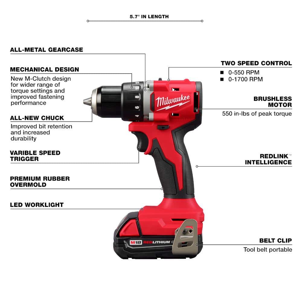 Milwaukee M18 18V Brushless Cordless Compact Drill/Impact Combo Kit w/(2) 2.0Ah Batteries, Charger, Bag & 100-Pc Bit Set