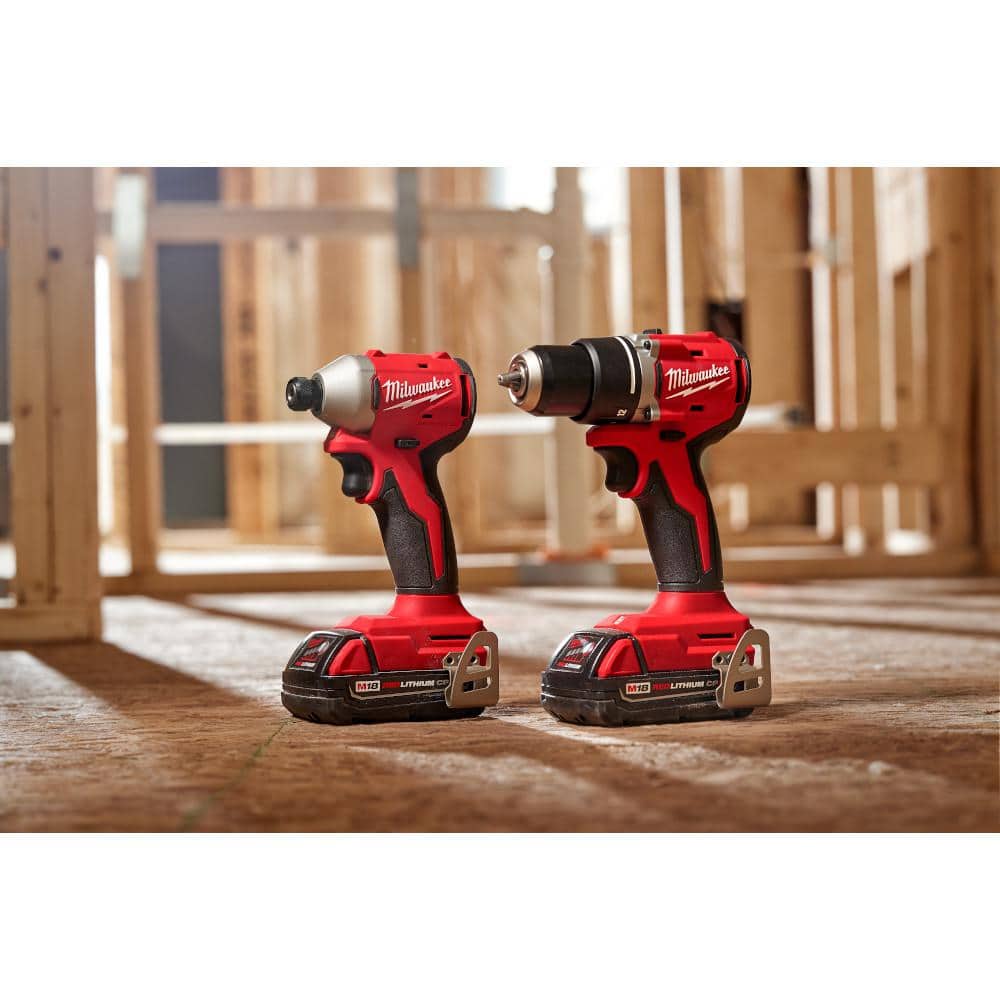 Milwaukee M18 18V Brushless Cordless Compact Drill/Impact Combo Kit w/(2) 2.0Ah Batteries, Charger, Bag & 100-Pc Bit Set