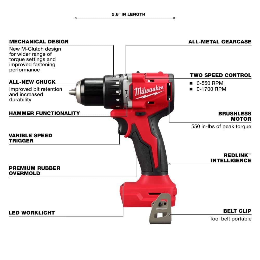 Milwaukee M18 18-Volt Lithium-Ion Brushless Cordless Compact Hammer Drill/Impact Combo Kit (2-Tool) with (2) Batteries, Bag