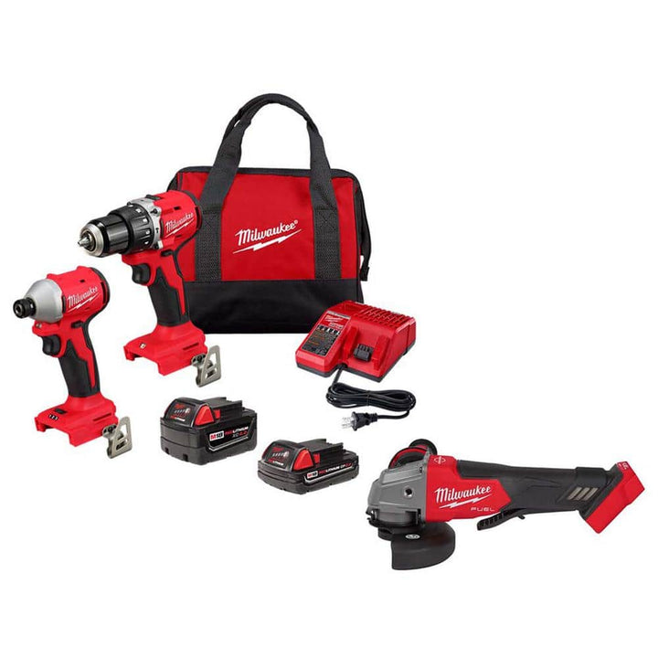 Milwaukee M18 18-Volt Lithium-Ion Brushless Cordless Compact Hammer Drill/Impact Combo Kit with (2) Batteries & M18 FUEL Grinder