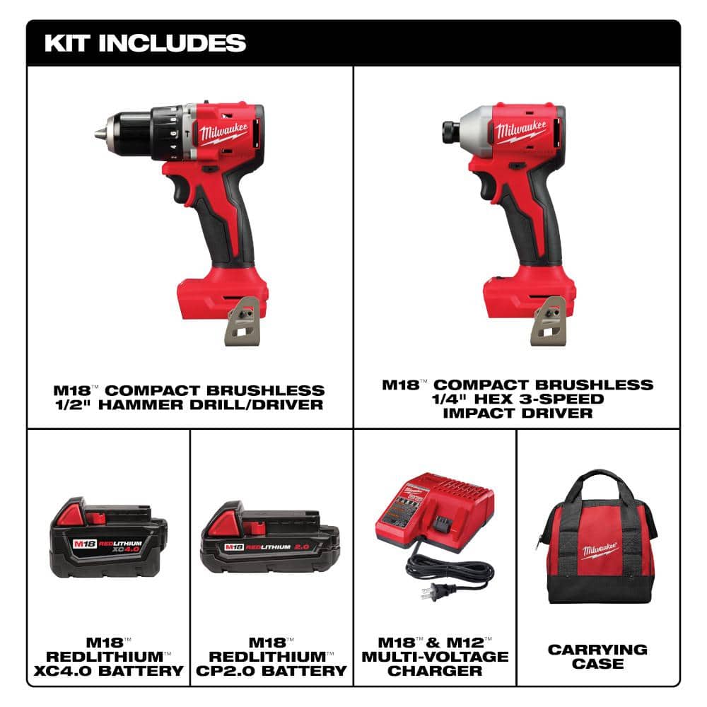Milwaukee M18 18V Brushless Compact Hammer Drill/Impact Driver Combo Kit (2-Tool) with (2) Batteries, Charger & Bag + M18 Multi-Tool