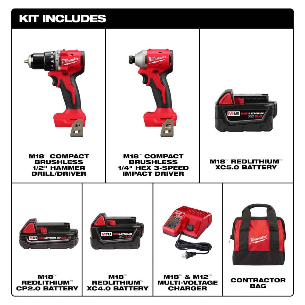 Milwaukee M18 18V Brushless Cordless Compact Hammer Drill/Impact Driver Combo Kit with (2) Batteries, M18 5.0Ah Battery & Charger