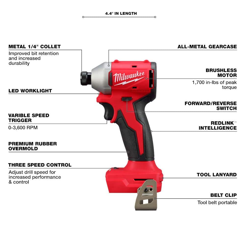 Milwaukee M18 18V Brushless Compact Hammer Drill/Impact Driver Combo Kit (2-Tool) with (2) Batteries, Charger & Bag + M18 Multi-Tool