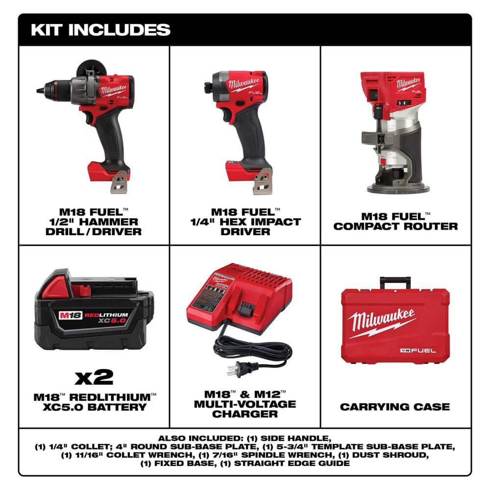 Milwaukee M18 FUEL 18-V Lithium-Ion Brushless Cordless Hammer Drill and Impact Driver Combo Kit (2-Tool) with Router