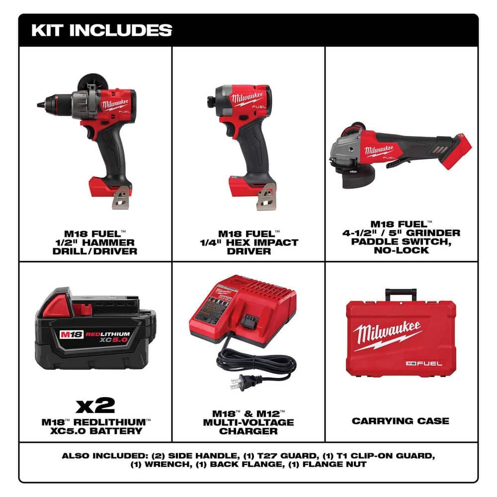 Milwaukee M18 FUEL 18-Volt Lithium-Ion Brushless Cordless 2-Tool Combo Kit with 2 Batteries, Charger & 4-1/2 in./5 in. Grinder (Model 3697-22-2880-20)