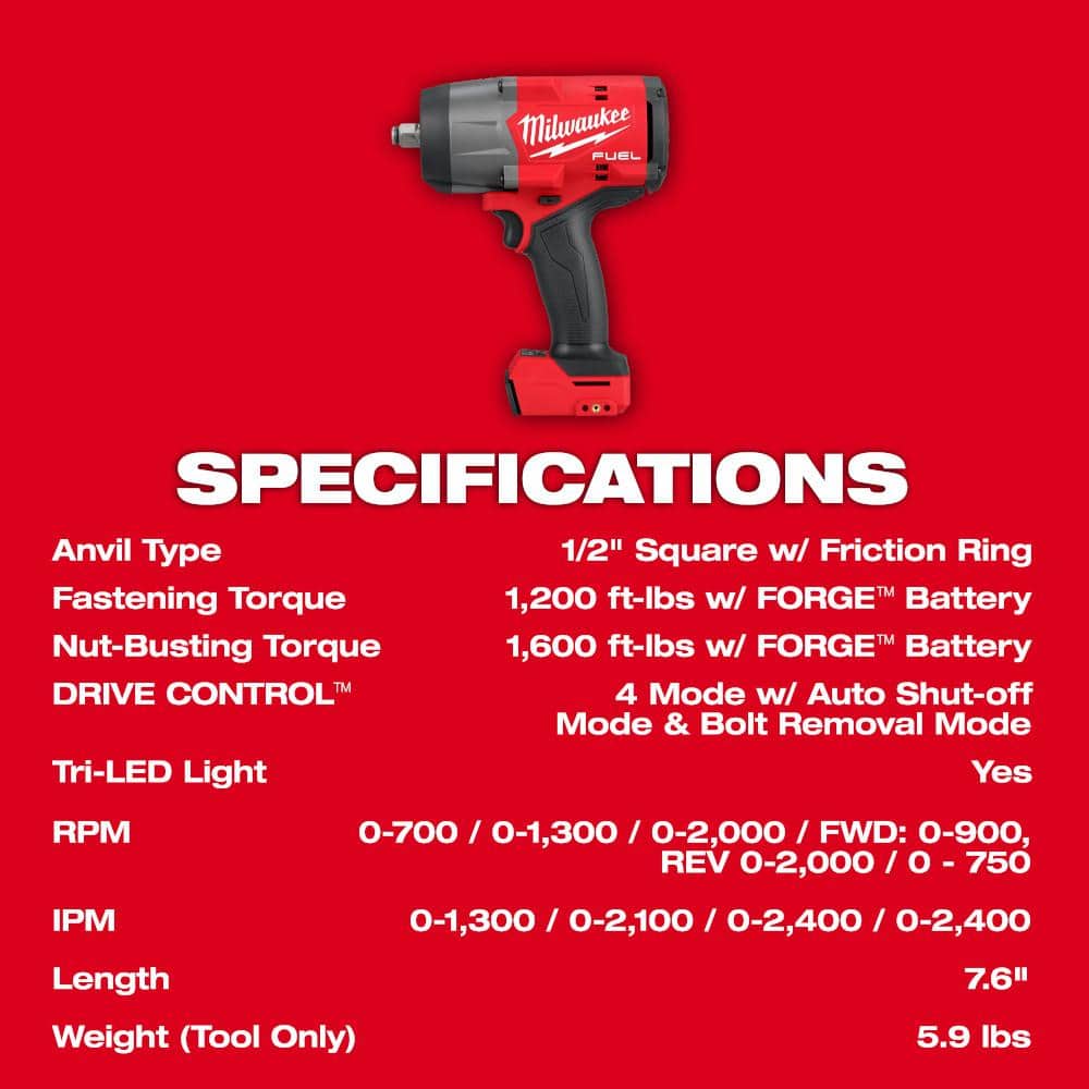 Milwaukee M18 FUEL 18V Brushless Cordless 5‑Tool Combo Kit with 1/2 in. Impact Wrench, 2 Batteries, Charger & Bag