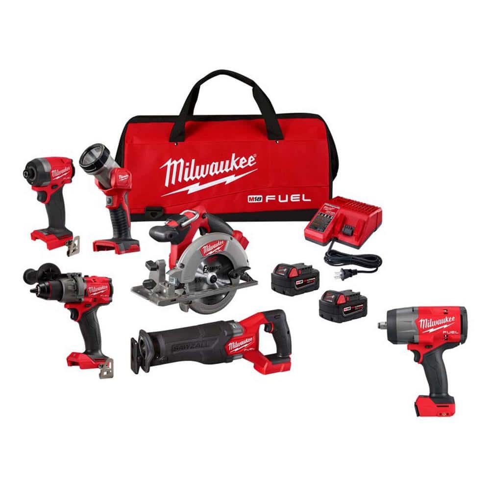 Milwaukee M18 FUEL 18V Brushless Cordless 5‑Tool Combo Kit with 1/2 in. Impact Wrench, 2 Batteries, Charger & Bag