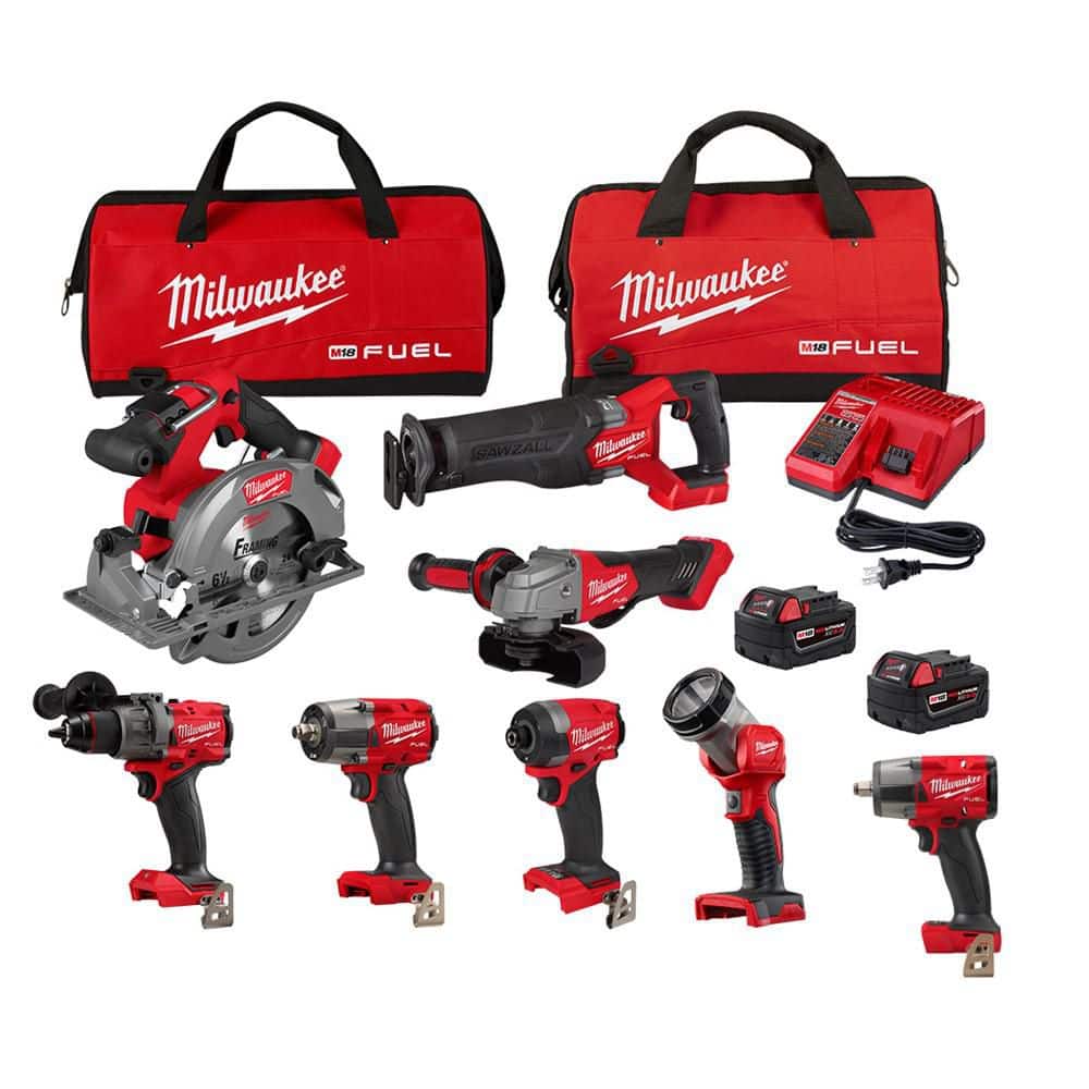 Milwaukee M18 FUEL 18V Lithium‑Ion Brushless Cordless Combo Kit with (2) 1/2 in. Impact Wrenches w/ Friction Ring (9‑Tool)