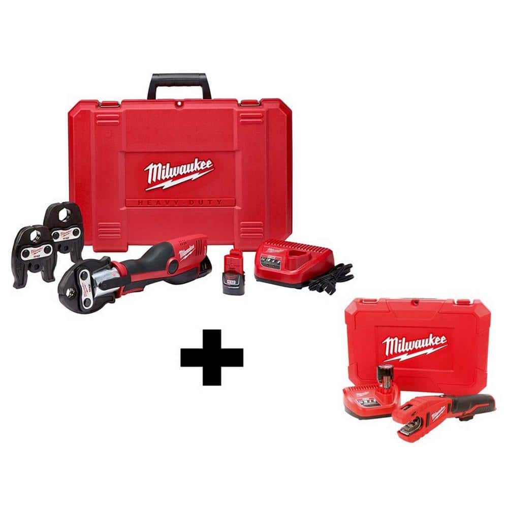 Milwaukee M12 12‑Volt FORCE LOGIC Cordless Press Tool Kit with 1/2, 3/4, 1 in. Copper Jaws + Free M12 Copper Tubing Cutter Kit