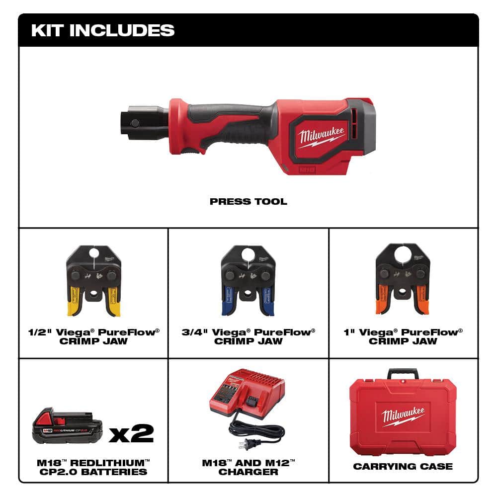 Milwaukee M18 18-Volt Cordless Short Throw PEX Press Tool Kit w/ Viega PureFlow Jaws + Free M18 FUEL HACKZALL Saw Kit