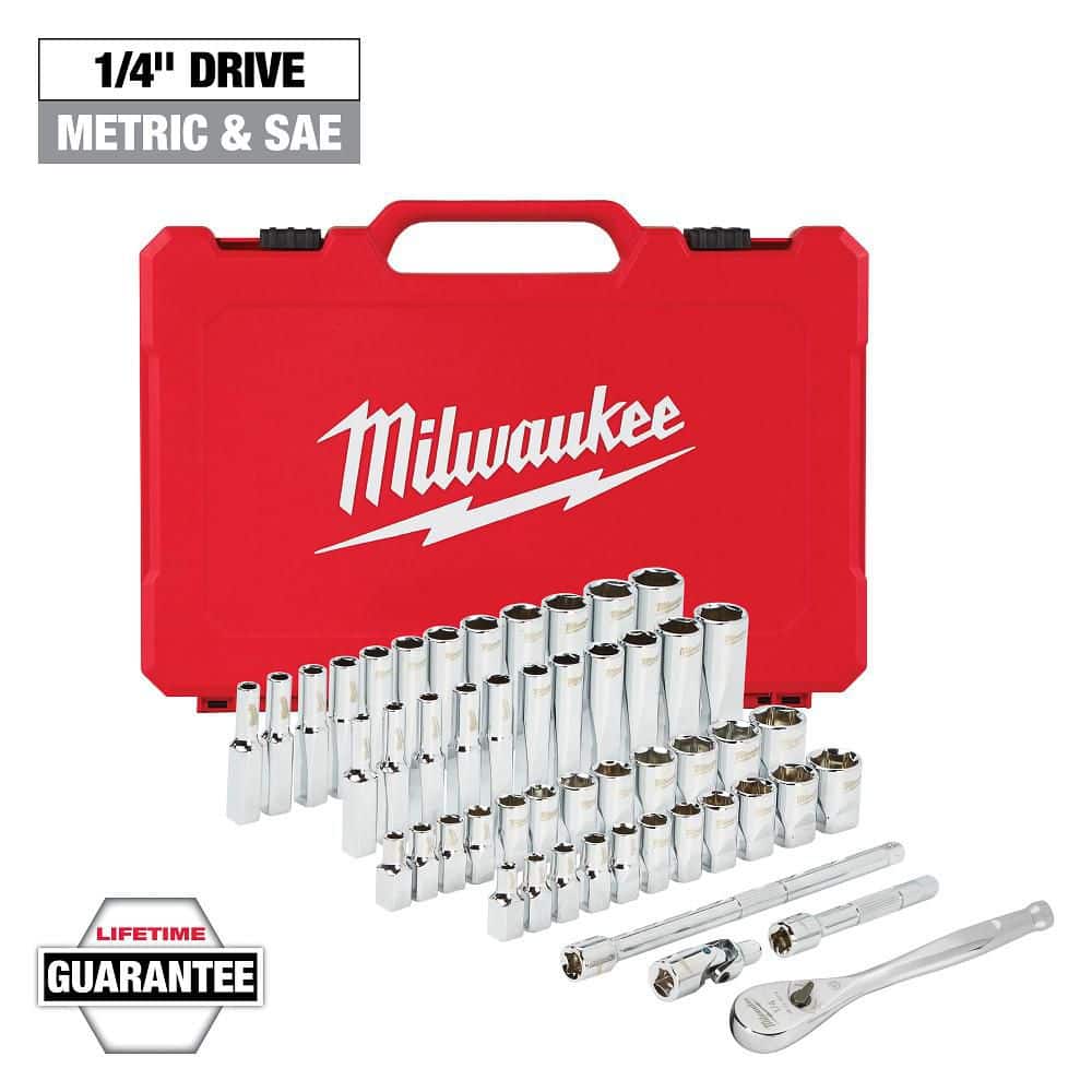 Milwaukee 1/4 in. Drive SAE/Metric Ratchet & Socket Mechanics Tool Set with 3 in. Stubby Ratchet, 51-Piece