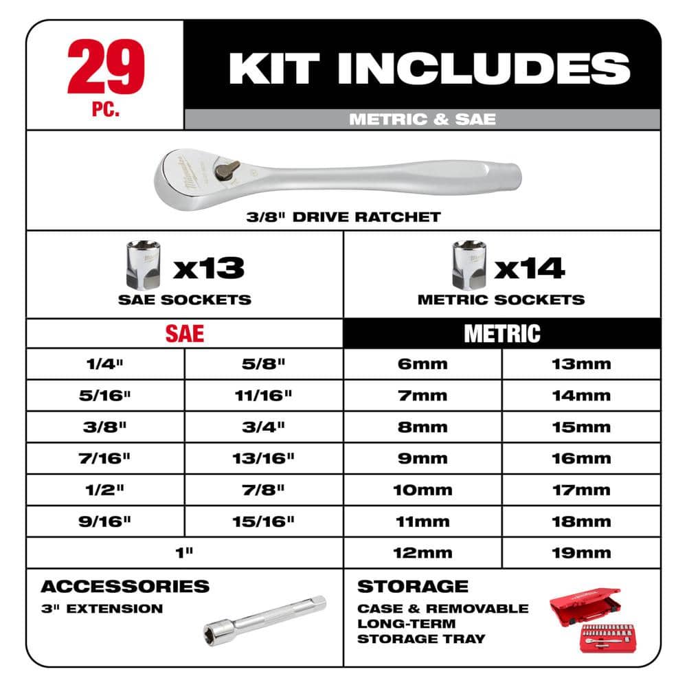 Milwaukee 3/8 in. and 1/4 in. Drive SAE/Metric Ratchet & Socket Mechanics Tool Set, 54-Piece