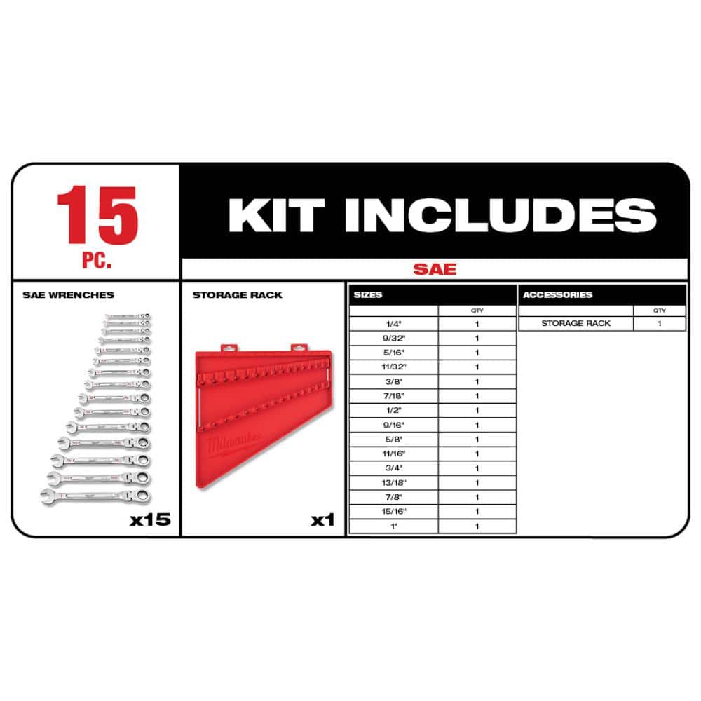 Milwaukee 144-Position Flex-Head Ratcheting Combination Wrench Set, SAE, with Hook and Pick Set (19-Piece)