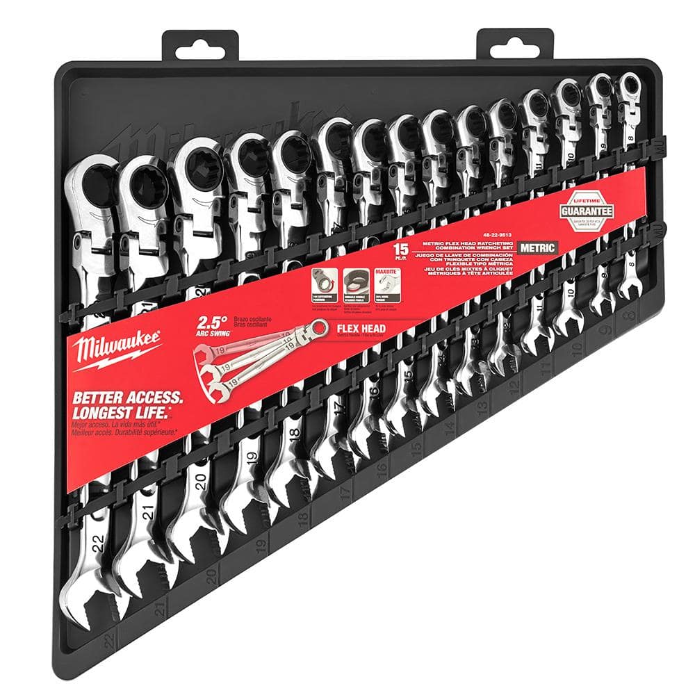 Milwaukee 144-Position Flex-Head Ratcheting Combination Wrench Set, Metric, with Hook & Pick Set (19-Piece)