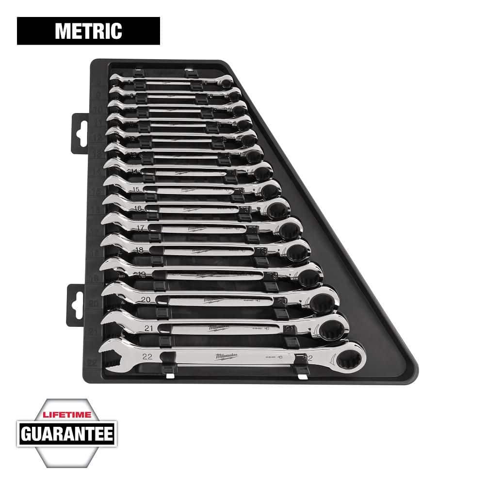 Milwaukee Metric Ratcheting Combination Wrench Mechanics Tool Set, 15-Piece