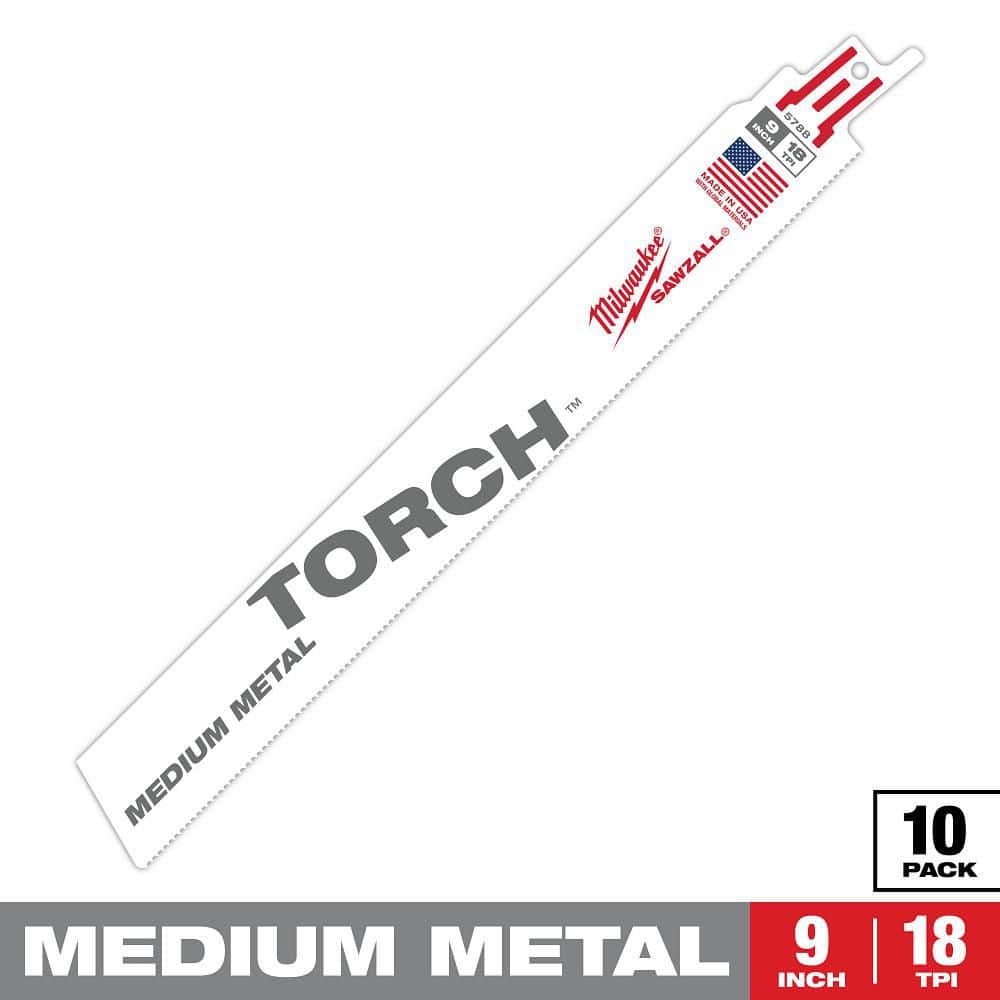 Milwaukee TORCH 9 in. 18 TPI Bi-Metal Metal Reciprocating Saw Blades, Medium Metal, 10-Pack (48-00-1788)