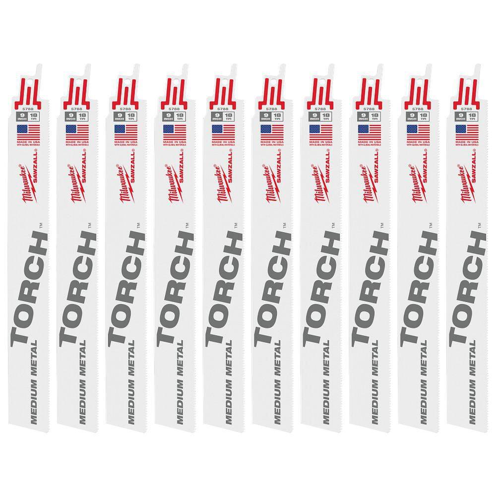 Milwaukee TORCH 9 in. 18 TPI Bi-Metal Metal Reciprocating Saw Blades, Medium Metal, 10-Pack (48-00-1788)