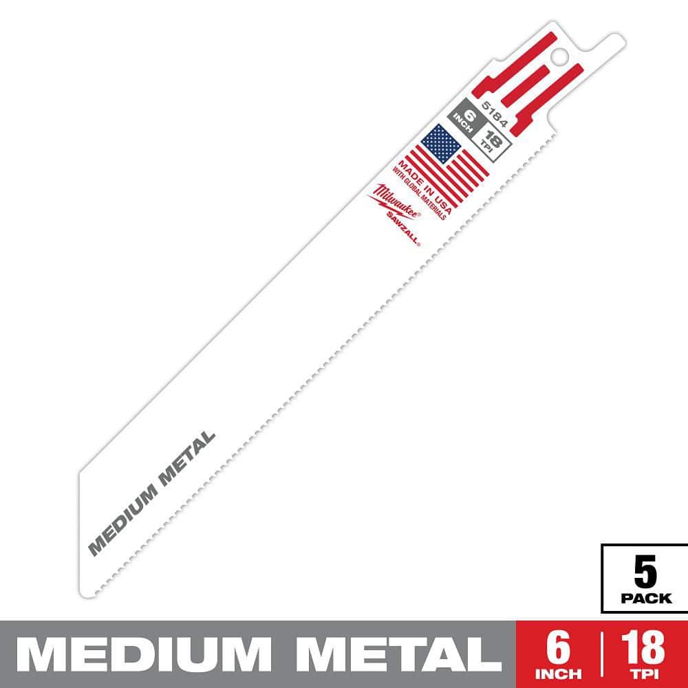 Milwaukee 48-00-5184 SAWZALL 6 in. 18 TPI Medium Metal Bi‑Metal Reciprocating Saw Blades (5-Pack)