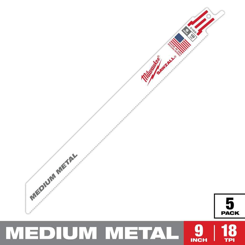 Milwaukee 9 in. 18 TPI Medium Metal-Cutting SAWZALL Reciprocating Saw Blades, Thin Kerf, 5-Pack (48-00-5188)