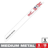 Milwaukee 9 in. 18 TPI Medium Metal-Cutting SAWZALL Reciprocating Saw Blades, Thin Kerf, 5-Pack (48-00-5188)