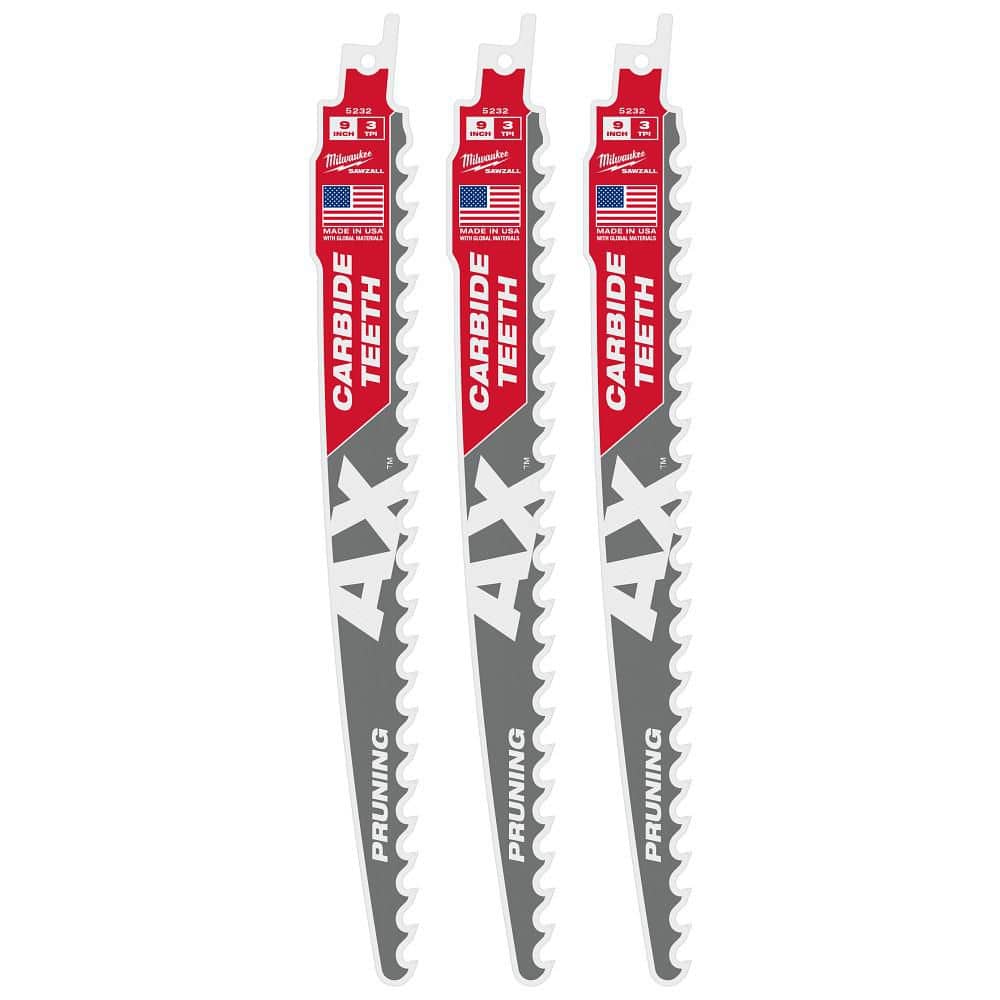 Milwaukee 9 in. 3 TPI AX Pruning Carbide Teeth SAWZALL Reciprocating Saw Blades (3-Pack)